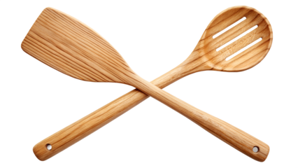 Wooden spatula and slotted spoon crossed isolated on transparent background for cooking needs