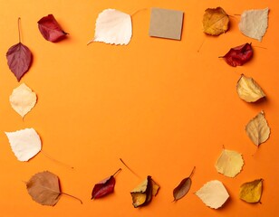 Autumn Leaves Frame on Orange Background, Seasonal Decoration.