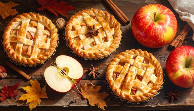 Mini Apple Pies with Autumn Leaves and Cinnamon Sticks.