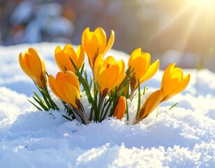Golden Crocuses Blooming Through Snow - A Symbol of Springs Arrival.
