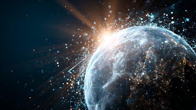 Dynamic global network connecting digital data streams across continents, representing interconnectedness and technological advancement.