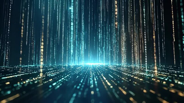 Digital data stream in cyberspace, abstract background with glowing lines and particles, futuristic technology concept.