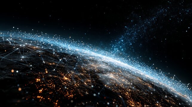 Global network connections illuminate earth from space, symbolizing interconnectedness and digital innovation across continents.