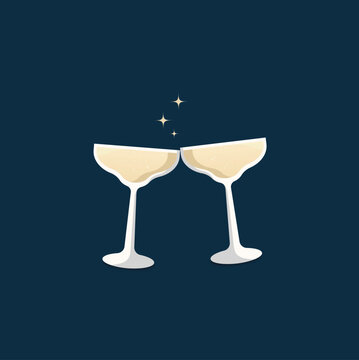 Two champagne coupes with sparkling wine on dark blue background, festive celebration vector illustration