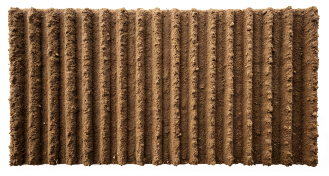 Closeup of tilled soil with ridges, ready for planting, isolated on transparent background