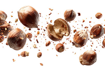 Flying hazelnuts and cracked shells in mid-air composition, isolated on transparent background.
