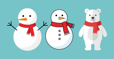 Cute snowman and polar bear illustration with red scarf – flat Christmas vector set