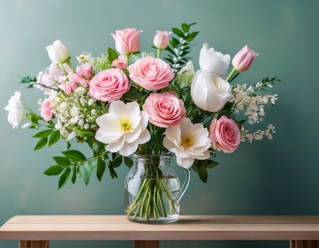 hermoso ramo de flores rosas flores blancas con tallo y planta verde debajo ia generativa