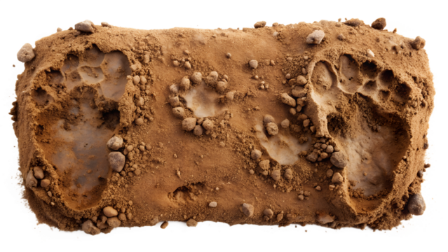 Footprints in the dirt isolated on transparent background show the impression of a bear paw print
