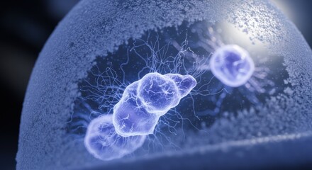 Microscopic glowing cells with neural structures in blue tones