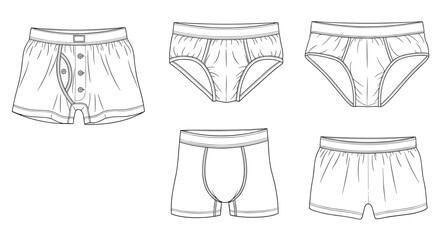 A collection of six distinct styles of men's underwear presented as detailed black and white technical flat drawings, showcasing classic briefs, comfortable boxer shorts, and modern boxer briefs.