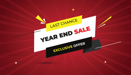 last chance exclusive offer year end sale banner vector art template design badge icon label yellow white black gray bold text dark red light shine abstract sun business background shapes