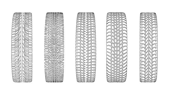 Set of five detailed vector outline illustrations of various automobile tire tread patterns, showcasing different designs for diverse vehicle types.