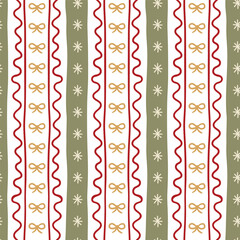 Fototapeta na wymiar Christmas wavy lines striped seamless pattern design with bows, snowflakes. Winter holiday gift paper, vertical stripes wallpaper, repeat background, textile design, print. Vector illustration.