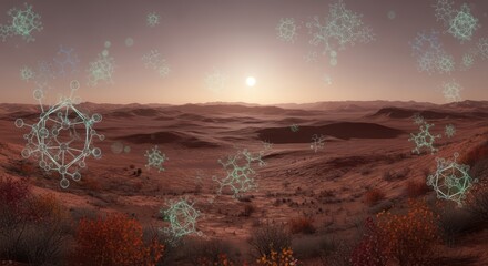 Molecular structures floating over Martian desert at sunset