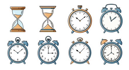A collection of various timekeeping devices, including traditional hourglasses, classic alarm clocks, and modern stopwatches, on a white background.