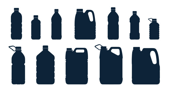 A diverse collection of plastic bottle and container silhouettes in various shapes and sizes, representing packaging for liquids and suitable for themes like recycling and household products.