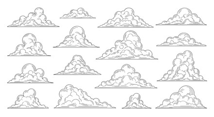 A collection of various artistic hand-drawn cloud formations in a detailed monochrome sketch style with a vintage engraving or woodcut effect, isolated on white.