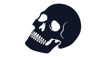 A stylized, dark blue silhouette of a human skull with an open jaw, viewed from a side profile against a clean white background, symbolizing mortality and danger.
