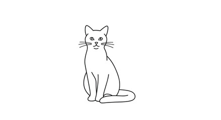 Fototapeta premium A minimalist black and white line art illustration depicting a domestic cat sitting upright and looking forward, isolated on a clean white background.