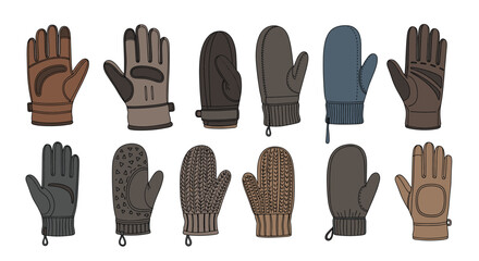 Diverse set of winter handwear featuring gloves and mittens in various materials, colors, and styles, suitable for cold weather protection.