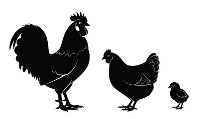 Fototapeta premium Full view of black silhouettes depicting a rooster, a hen, and a small chick, arranged by size against a clean white background.