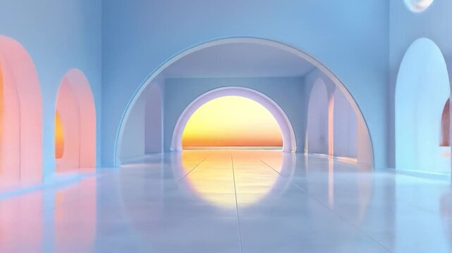 Ethereal arched hallway bathed in soft pastel light and reflecting a serene sky