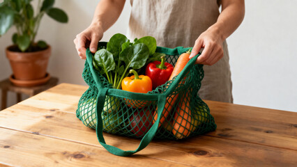 Close-up of person holding a green mesh grocery bag filled with fresh vegetables on a wooden table in natural light