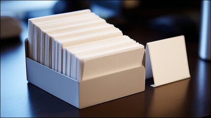 Clean white note cards neatly stacked in holder, ready for professional use and organization on a dark desk