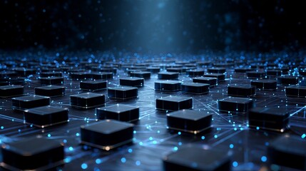 Stunning digital network grid with glowing blue data points and interconnected nodes creating a futuristic technological landscape