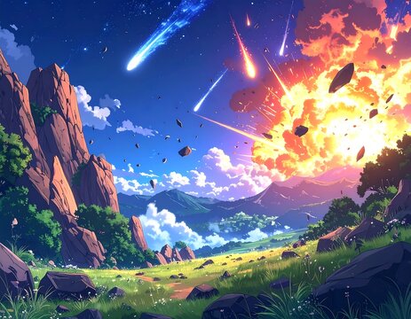 Anime meadow landscape explodes with fireballs & meteors against a blue sky & rocks