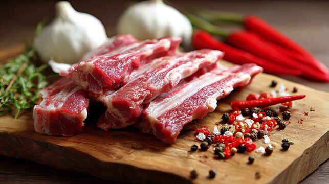 Savor the robust flavors of fresh, raw lamb chops seasoned with vibrant chili, fragrant garlic, and aromatic peppercorns on a rustic wooden board ready for culinary creation