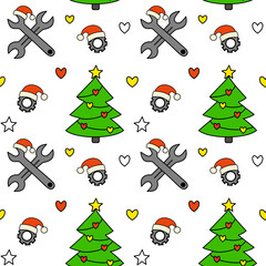 Modern Christmas pattern with wrenches, gears and trees. Perfect for wrapping paper, posters, auto workshop branding and winter decor.