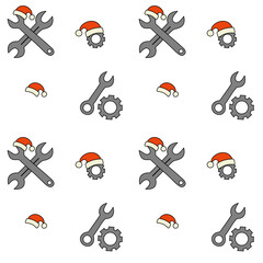 Simple seamless pattern with mechanic wrenches, gears and Santa hats. Perfect for wrapping paper, posters and automotive branding.