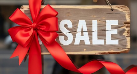 Rustic wooden sign with red ribbon bow announcing S A L E in white letters sale retail