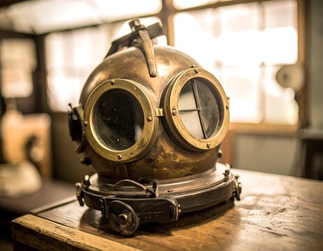 Antique diving helmet on wooden table with window blurred in background