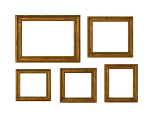 Collection of blank gold picture frames for art displays and home decoration