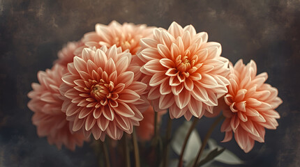 Red and yellow dahlia and red chrysanthemum flowers blooming in a garden