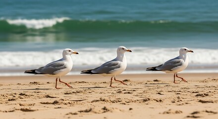 Fototapeta premium Three seagulls walking on a sandy beach with ocean waves in the background birds