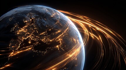 Fototapeta premium Dynamic global network lights pulsate across Earth's surface, symbolizing interconnectedness and digital flow in a stunning visual.