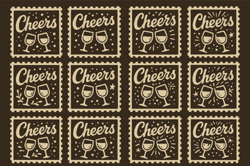 Cheers celebration stamps with festive wine glasses and text