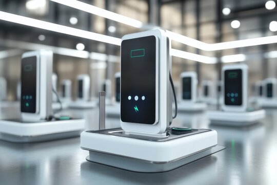 Charging stations lined up in a modern facility with a sleek design - Powered by Adobe