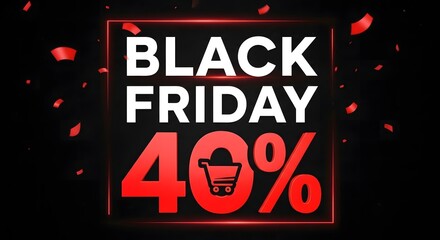 Black friday sale advertisement with red confetti and a forty percent discount in a red square frame