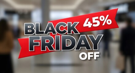 Black friday sale banner with forty five percent off in a shopping mall with blurred background