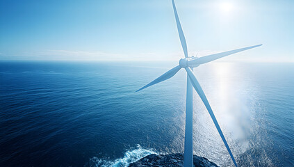 Majestic offshore wind turbine generating clean renewable energy at sea under bright sunlight and blue sky