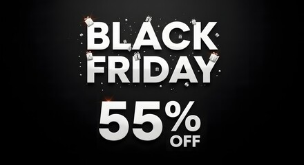 Obraz premium Black friday promotion with fifty five percent off discount on a dark background with gift icons