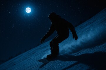 Naklejka premium Snowboarder carving down a mountain under moonlight, snow sparkling in the cold air. Night descent captured in dramatic, cinematic style with stunning winter atmosphere.