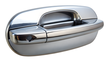 Closeup of a shiny chrome car door handle isolated on transparent background for security