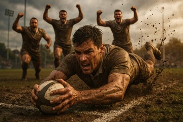 Rugby player diving over the try line to score, ball firmly gripped, mud splashing upward. Teammates celebrate in the background. Intense action and emotion.