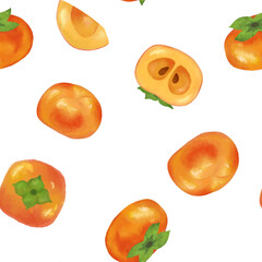  Persimmon seamless pattern. Flesh fruits pattern illustration for wrapping paper, textile prints, banners, backgrounds.